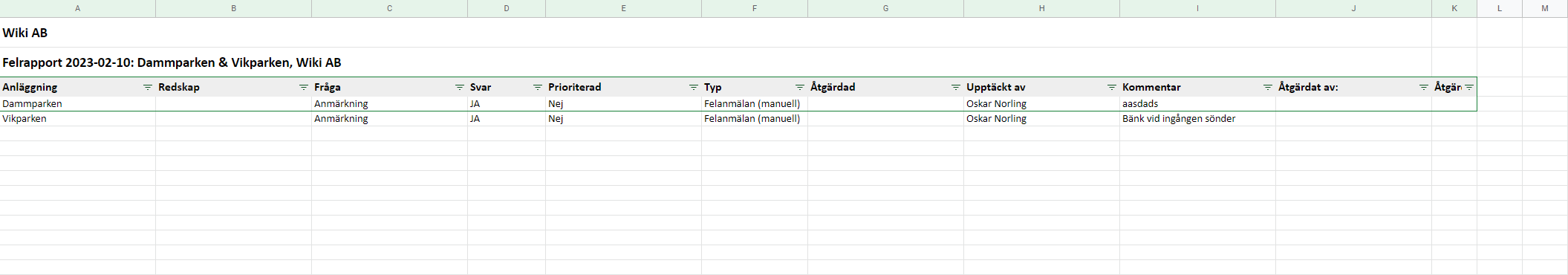 Fig. 11: Felrapport i Excel-format öppnad